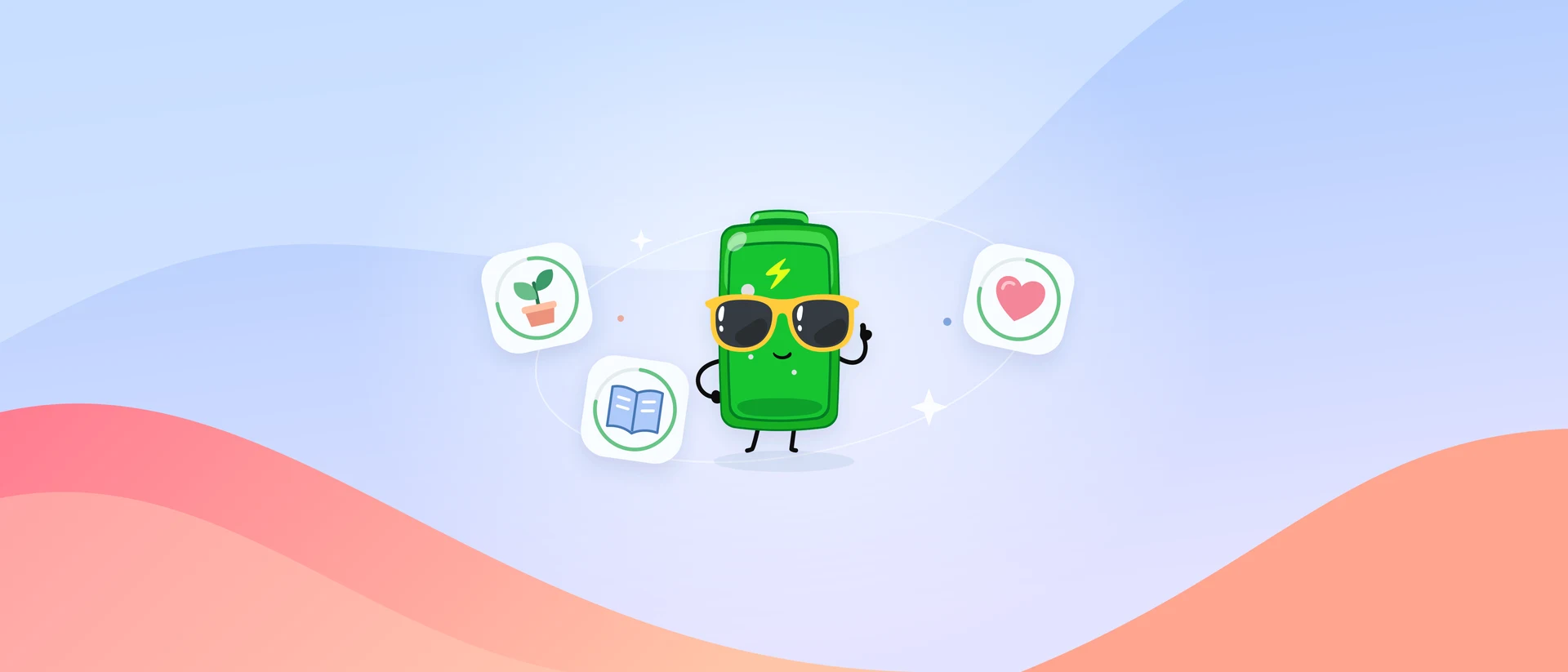 The friendly green mascot in sunglasses, surrounded by a plant, a book, and a heart