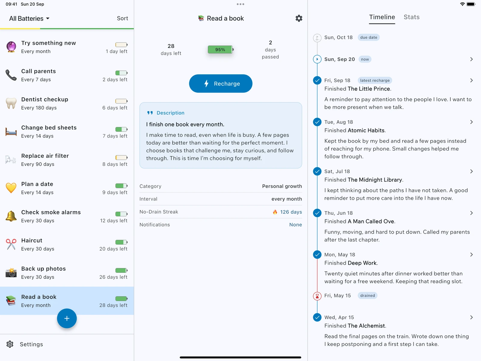 99 Reminders on a large iPad: a battery list on the left, a monthly reading commitment and Recharge in the middle, and a timeline of books and personal notes on the right