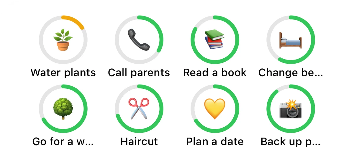 Home Screen widget showing eight routines, including plants, a walk, reading, and calling parents, with circular progress indicators